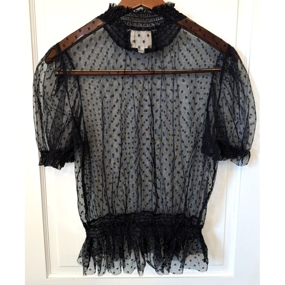 Willow Black Sheer Swiss Dot Top L Mock Neck Ruffle Whimsigoth Goth Dark Emu - Picture 7 of 14